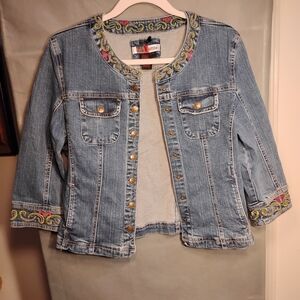 Live a Little Embroidered Denim Jacket with Gold Accents